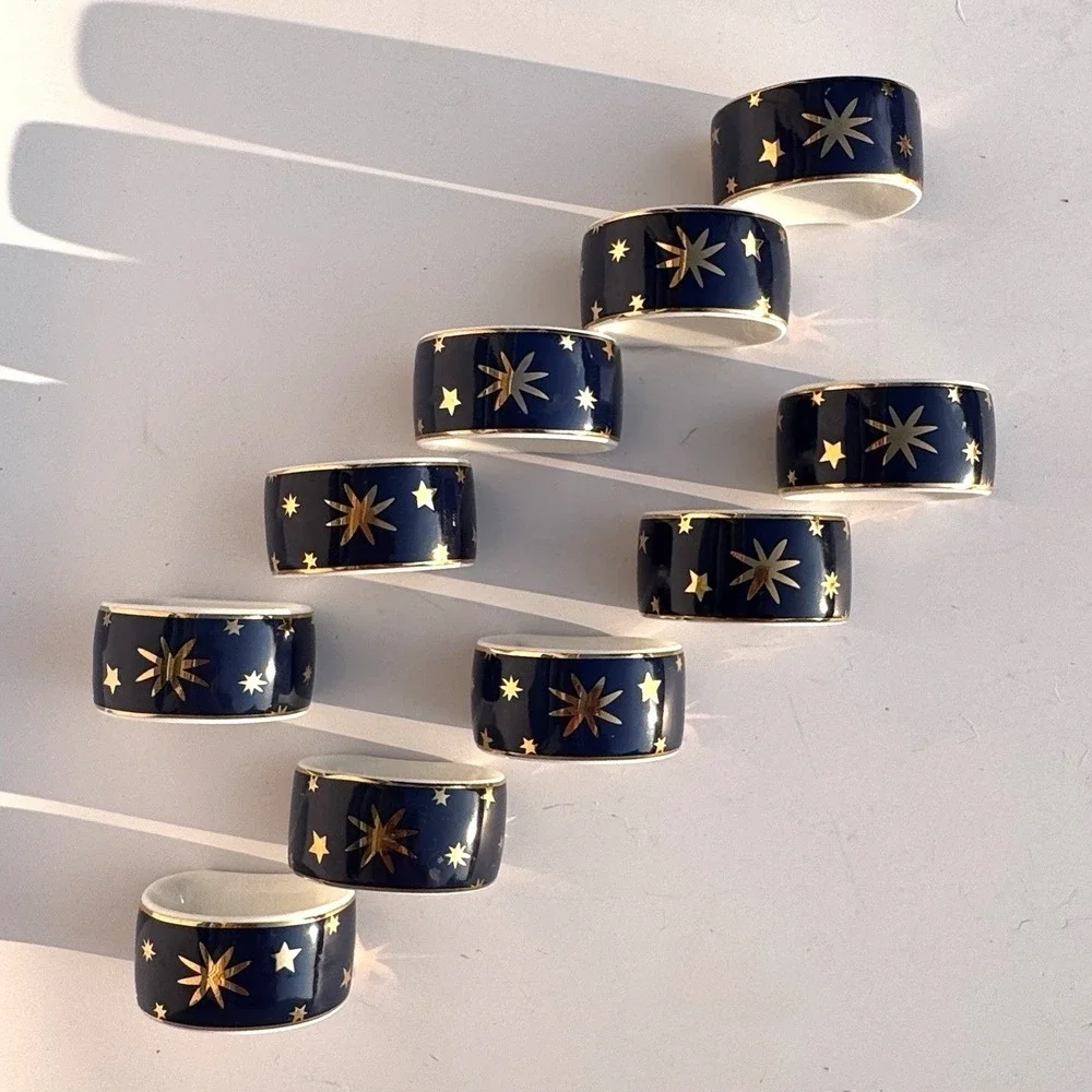 VTG 90s Sakura Napkin Rings Celestial Stars (10) Porcelain 14K Gold Night Sky